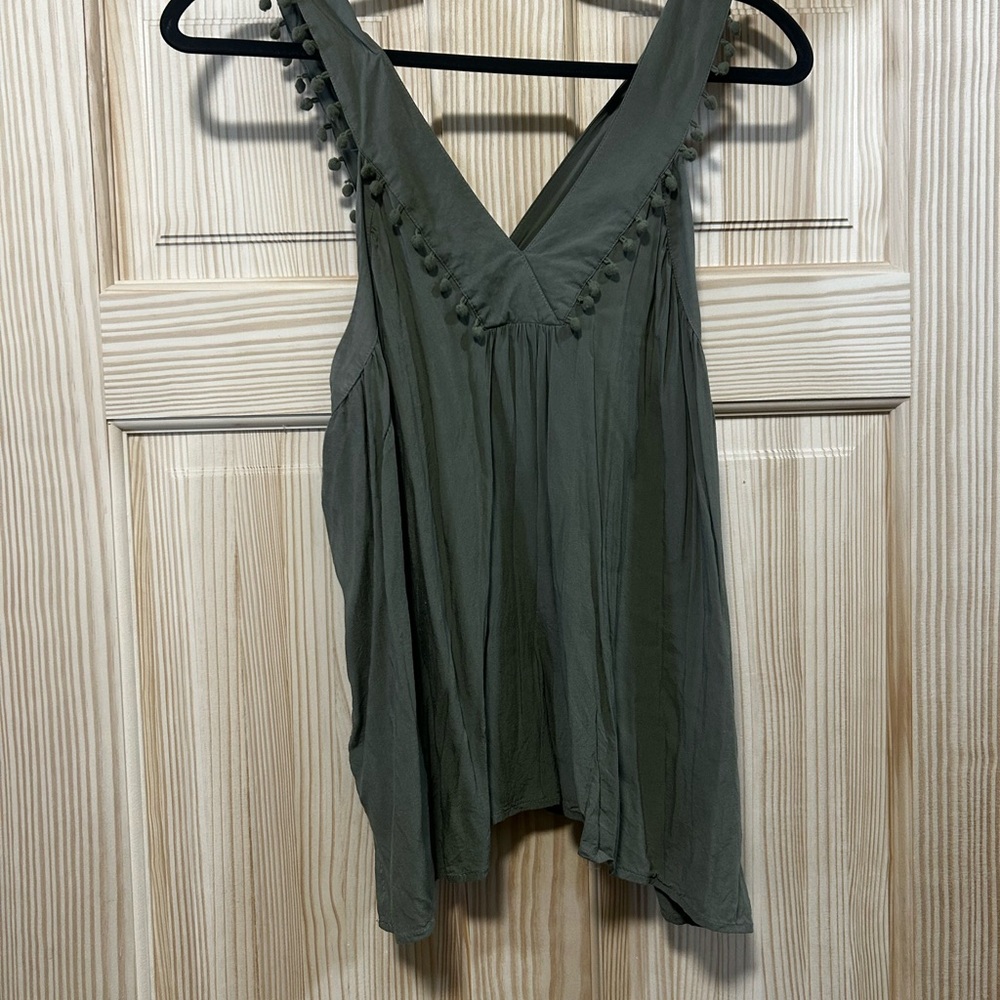 LOFT Olive Green Pom-Pom Tank Top